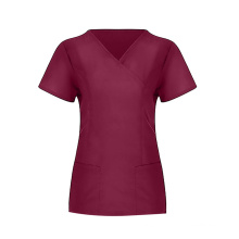 Women V-Neck Tops Working Uniform Solid Color Pocket Blouse Overalls